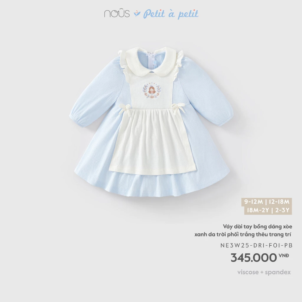 Nous Baby Váy dài cổ sen thêu hình công chúa, váy tay bông cách điệu cho bé gái từ 8.5-15kg BST T9
