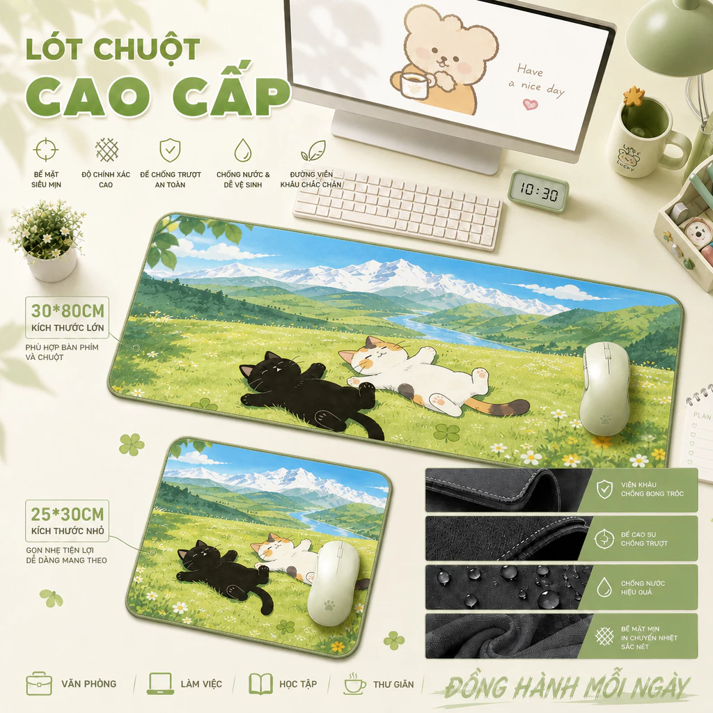 Tấm lót chuột phong cảnh hoạt hình chữa lành, tấm lót chuột cỡ lớn dùng cho bàn phím và chuột,size 80*30 & 30*25