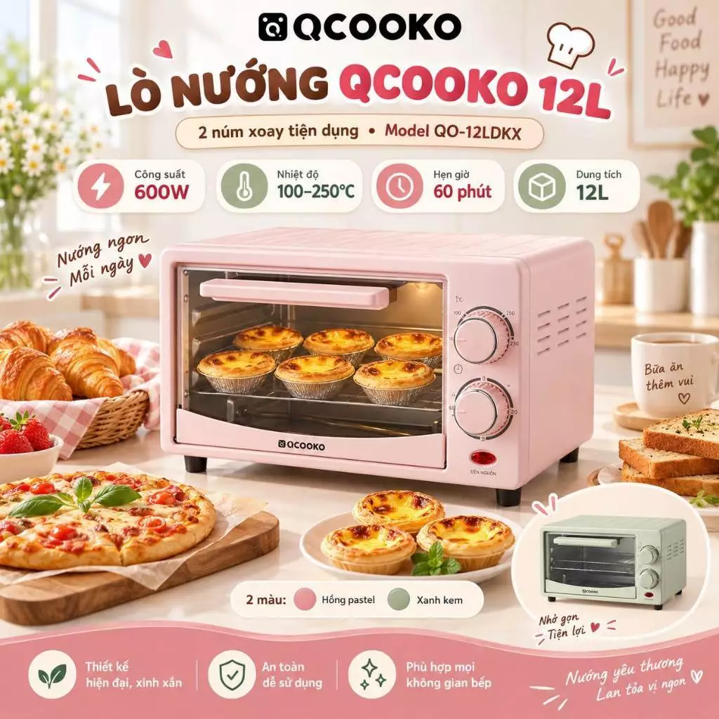 [Bh 12 tháng]Lò Nướng QCOOKO 12L QO-12LDKX 600W, 2 Núm Xoay, Hẹn Giờ 60 Phút, Nhiệt Độ 100-250°C, Mini Nhỏ Gọn