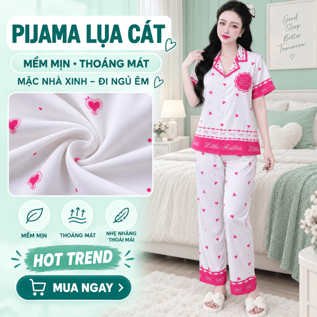 Bộ Lụa Tay Ngắn Quần Dài Mẫu Mới Họa Tiết Dễ Thương