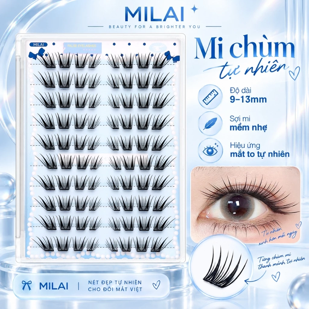 MILAI S21 Lông mi giả tự dính không cần keo sợi dẹt nâng cấp 80 chùm mi phân đoạn mềm nhẹ tự nhiên dễ dùng cho người mới