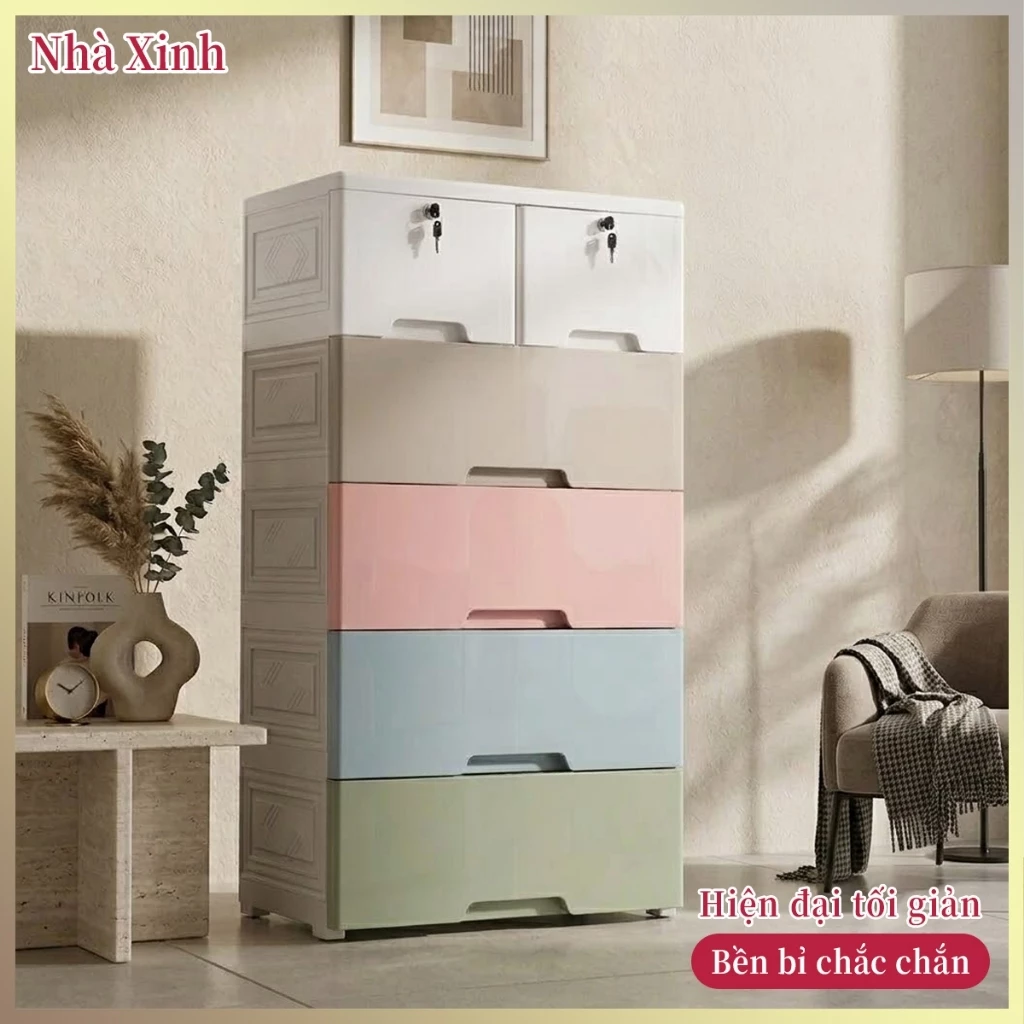 Tủ Nhựa Ngăn Kéo Cho Bé Nhựa PP Cao Cấp Đựng Quần Áo Đa Năng Có Khóa Bánh Xe Phong Cách Hàn Quốc Hot Trend 2026