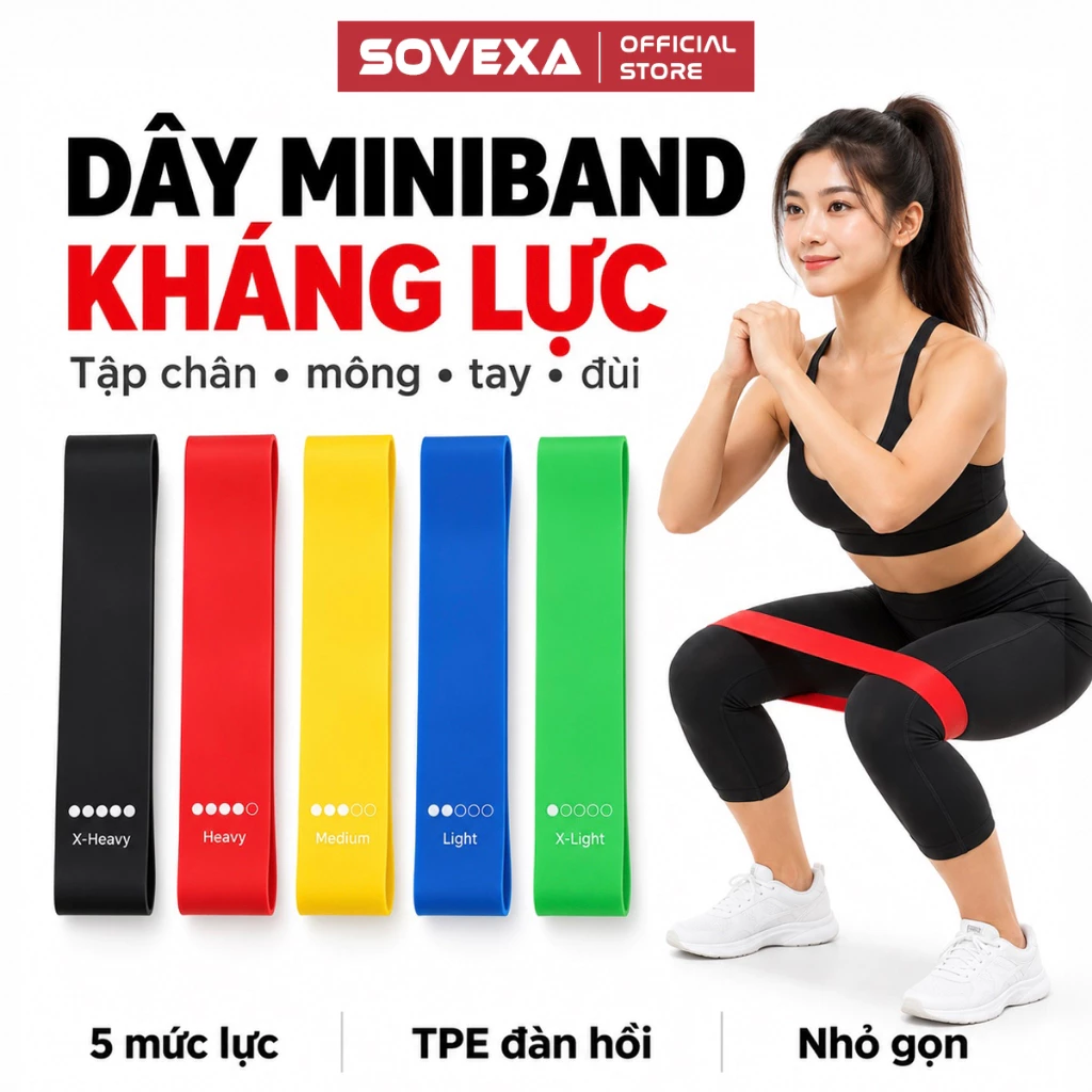 Dây Miniband SOVEXA Kháng Lực Tập Gym Chân Mông, Dụng Cụ Thể Dục Cao Su Đàn Hồi Bền Bỉ