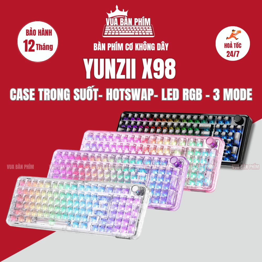 Bàn phím cơ Yunzii X98 không dây trong suốt , mạch xuôi ,led rgb cực đẹp , hotswap , núm xoay , kết nối via/qmk