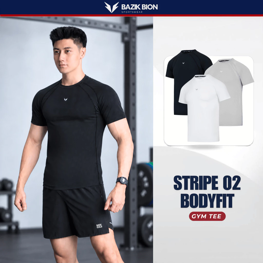 Áo Thun Thể Thao Bazik Bion Stripe Fit 02 Phối Sườn, Form Bodyfit, Co giãn 4 chiều, Thoải mái vận động, Tập gym - A55
