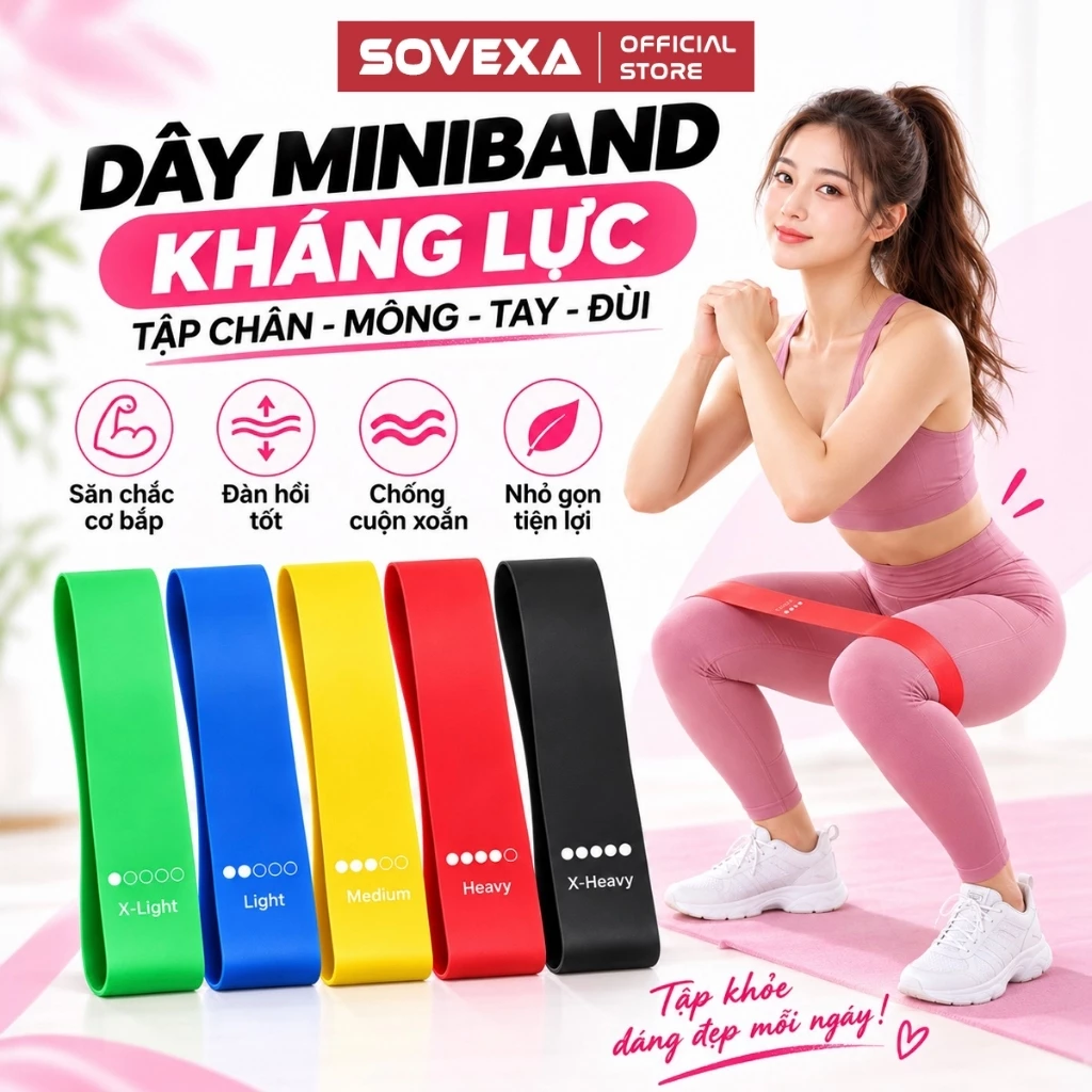 Dây Kháng Lực Miniband SOVEXA Tập Gym Nam Nữ, Dây Cao Su Tập Mông Chân Tay Đùi Yoga