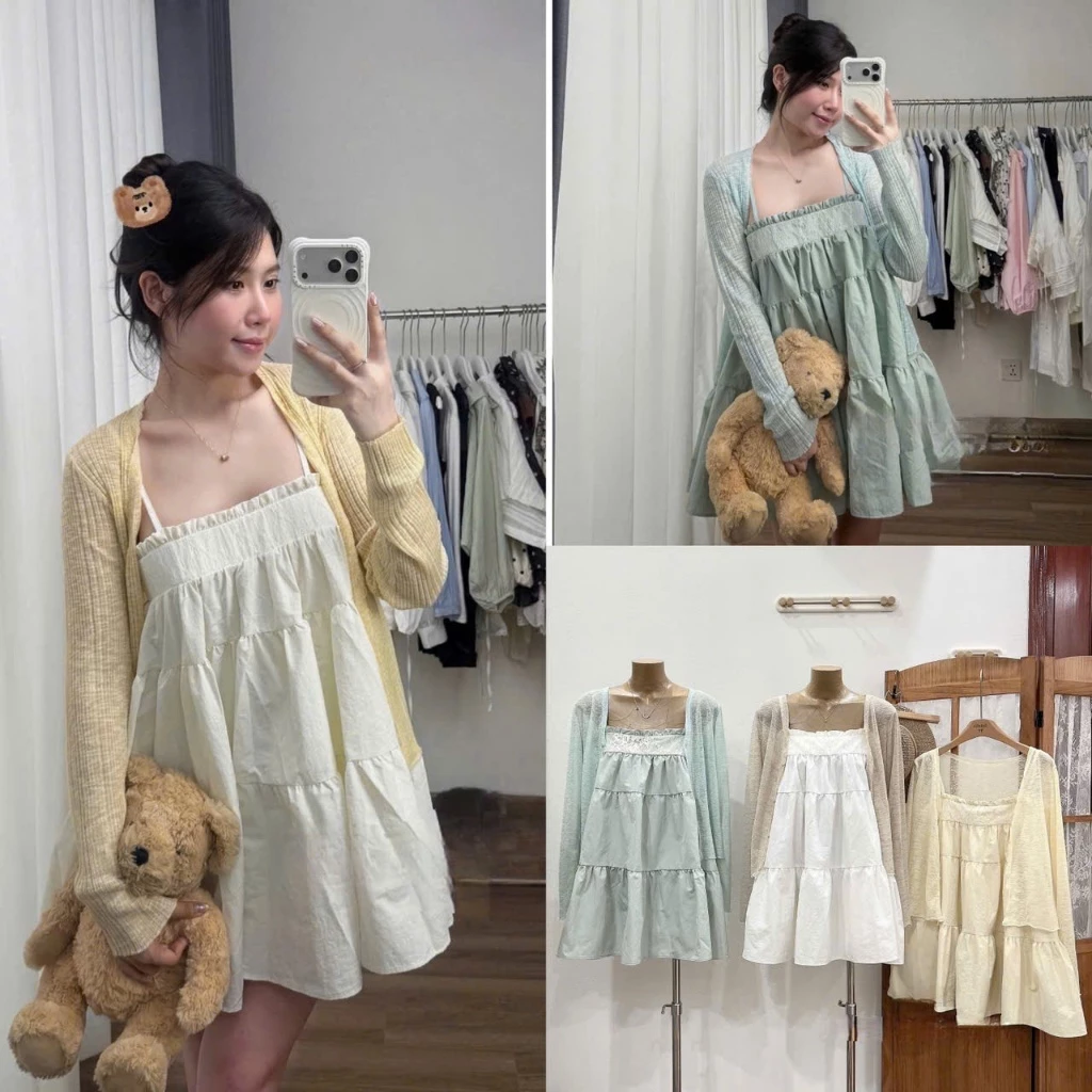 (Set Thô 2 Món): Áo Khoác Giấy Mix Váy Thô 2 Dây Cổ Vuông Bèo Nhấn Ren Dáng Babydoll 3 Màu Cực Xinh-Ảnh Thật Lollaye
