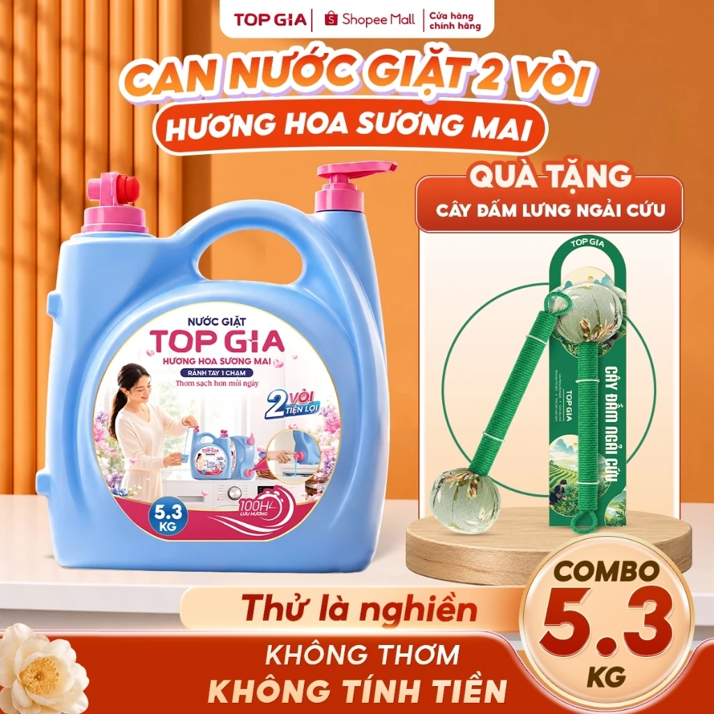 [Tặng Quà] Nước Giặt Đậm Đặc TOPGIA Can 2 Đầu Vòi 5.3KG Hương Hoa Sương Mai, Lưu Hương Dài Lâu 100H