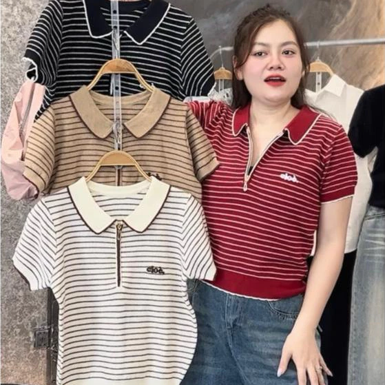 436 BIGSIZE Áo polo len thun nữ cộc tay kẻ ngang phối viền  cổ kéo khoá thêu chữ nhỏ xinh