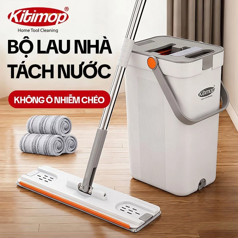 Cây Lau Nhà Tách Nước Bẩn KITIMOP SC09, Thùng Lau Nhà Tự Vắt Thông Minh, Chổi Lau Nhà Xoay 360 Độ