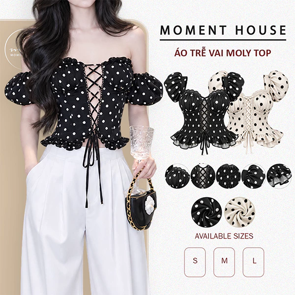 MOLY TOP - Áo trễ vai xẻ ngực đan dây, áo có mút ngực, 50% chun phía sau lưng + tay bo chun size SML