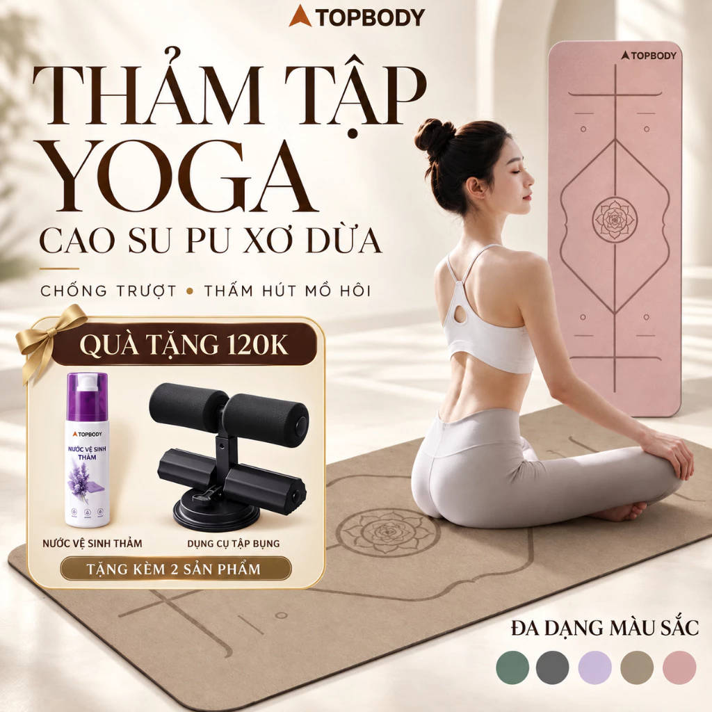 Thảm Cao Su PU Xơ Dừa Tập Yoga Gym Cao Cấp Chống Trượt Dày 5mm TOPBODY