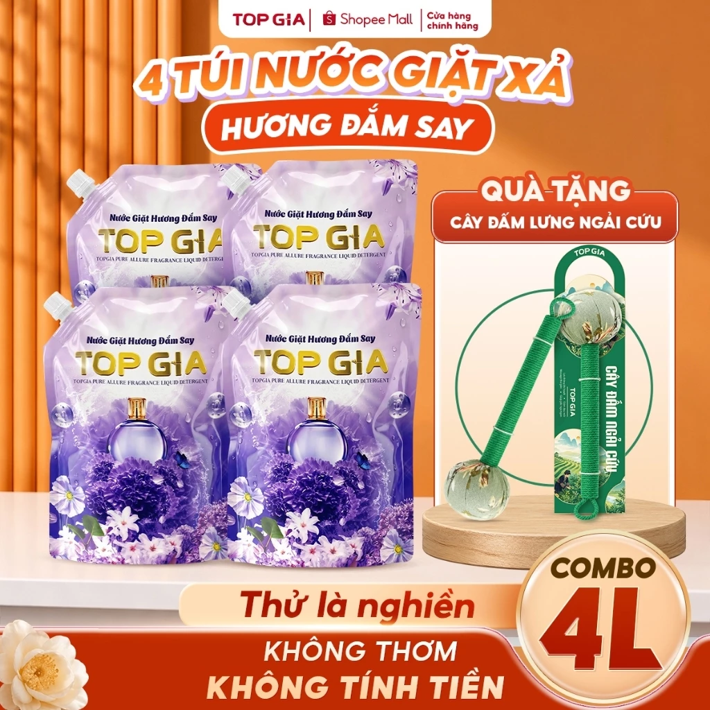 COMBO 4 Túi Nước Giặt 1L TOPGIA Hương Đắm Say Thơm Dịu Nhẹ, Lưu Hương 72H, An Toàn Lành Tính