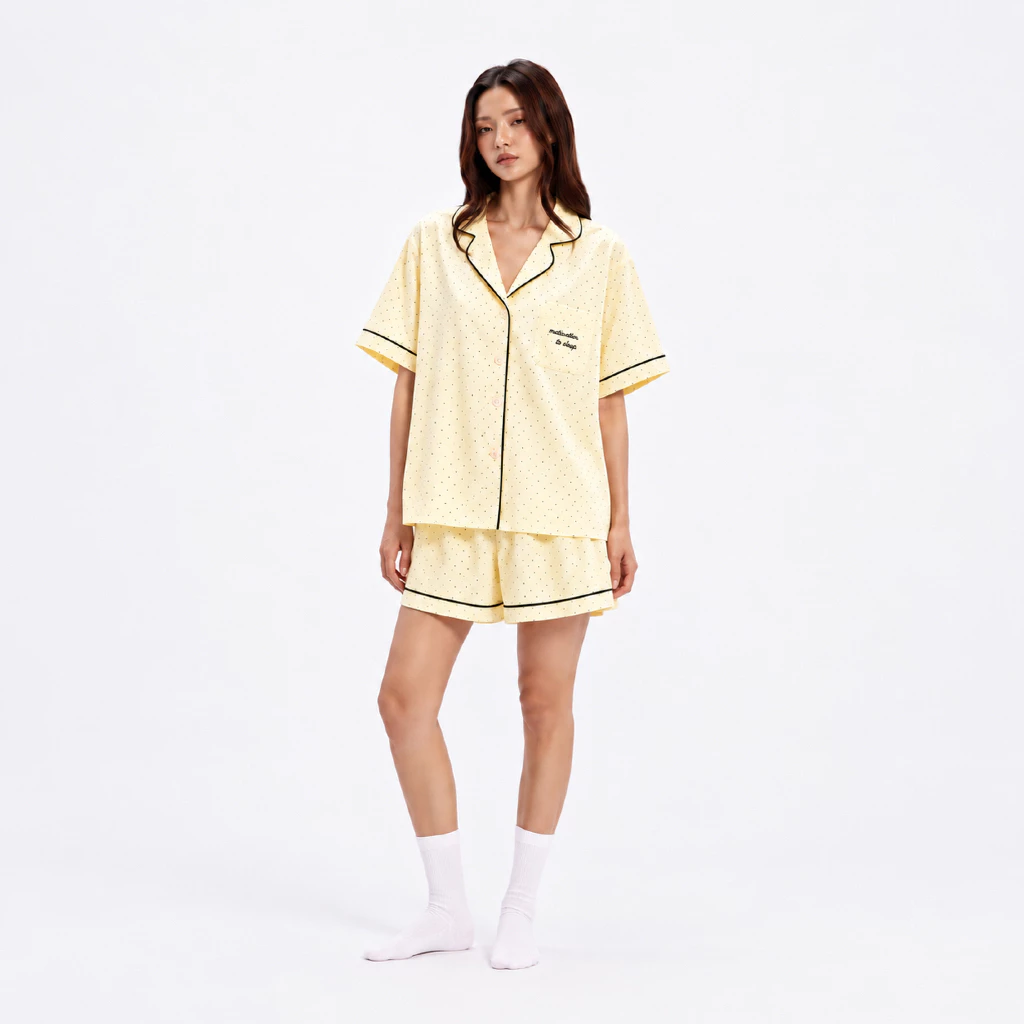 [ Fit To Sleep ] Nani Bộ Pijama Vàng Bơ Chấm Bi  - Chất Liệu Đũi Cao Cấp