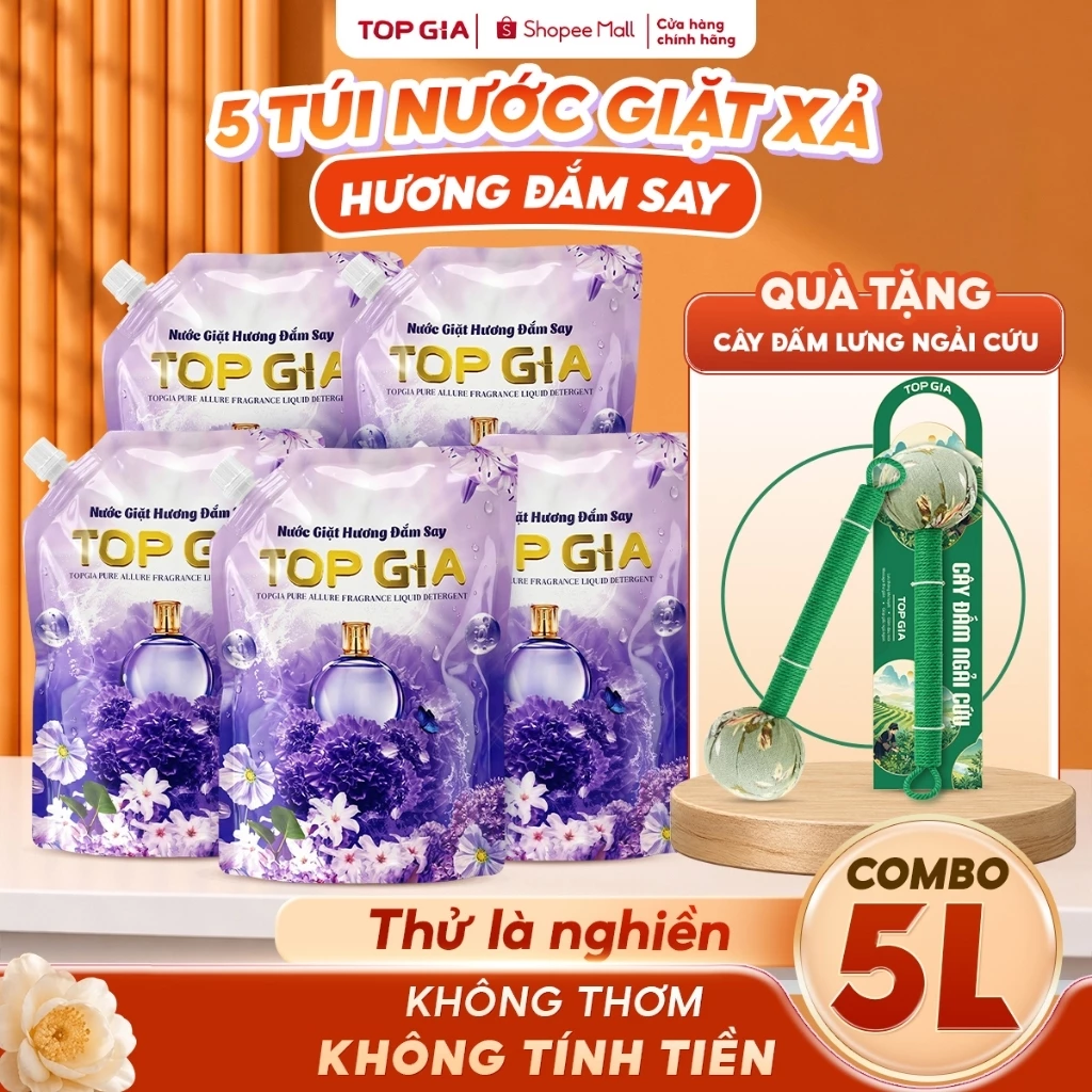 [Tặng Quà] COMBO 5 Túi Nước Giặt 1L TOPGIA Hương Đắm Say, Dịu Nhẹ Lành Tính, An Toàn Cho Da