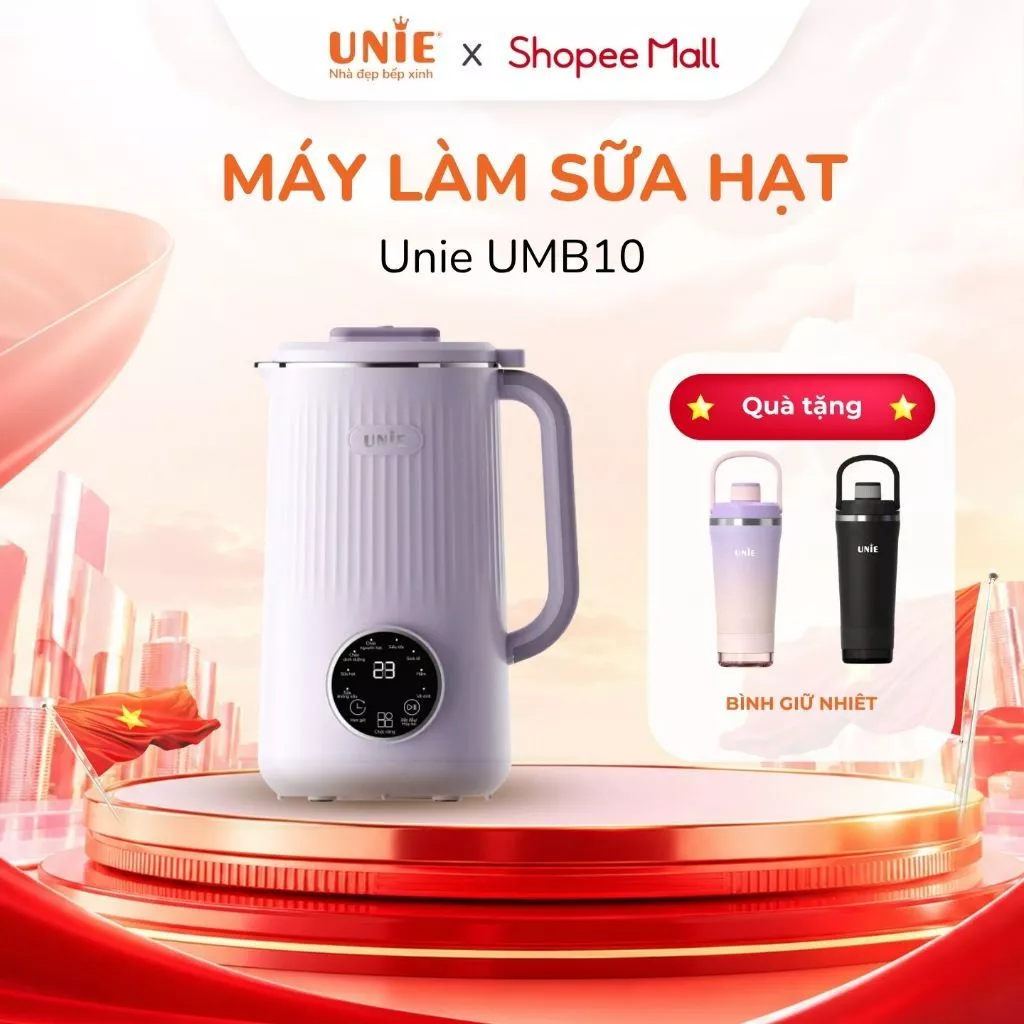 [TẶNG BÌNH GIỮ NHIỆT] Máy làm sữa hạt Unie UMB10 - Lưỡi dao inox 304 , công suất 800W, dung tích 1 lít, BH 12 Tháng