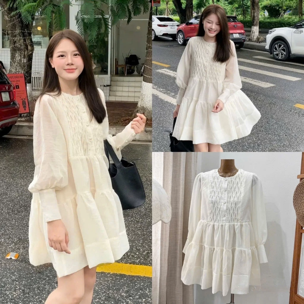(Mở Bán):Váy Tơ Dài Tay Cổ Tròn Dáng Xuông Đính Cúc Đá Bầu Bí Bon Chen Tone Kem Mặc thu XInh Xỉu-Ảnh Thật Lollaye