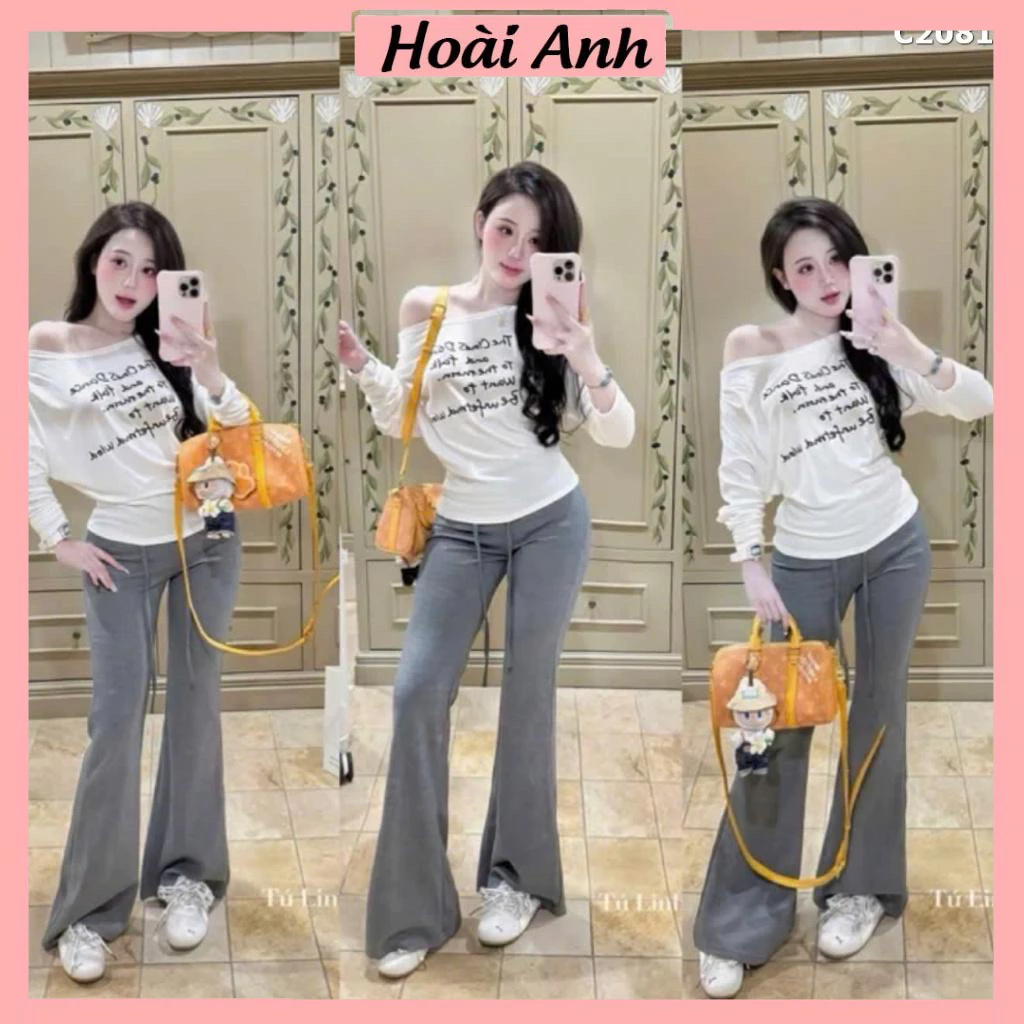 Set Bộ Đồ Nữ Áo Thun Giấy Mỏng Dài Tay In Chữ Mix Quần Zip Dáng Dài Ống Loe