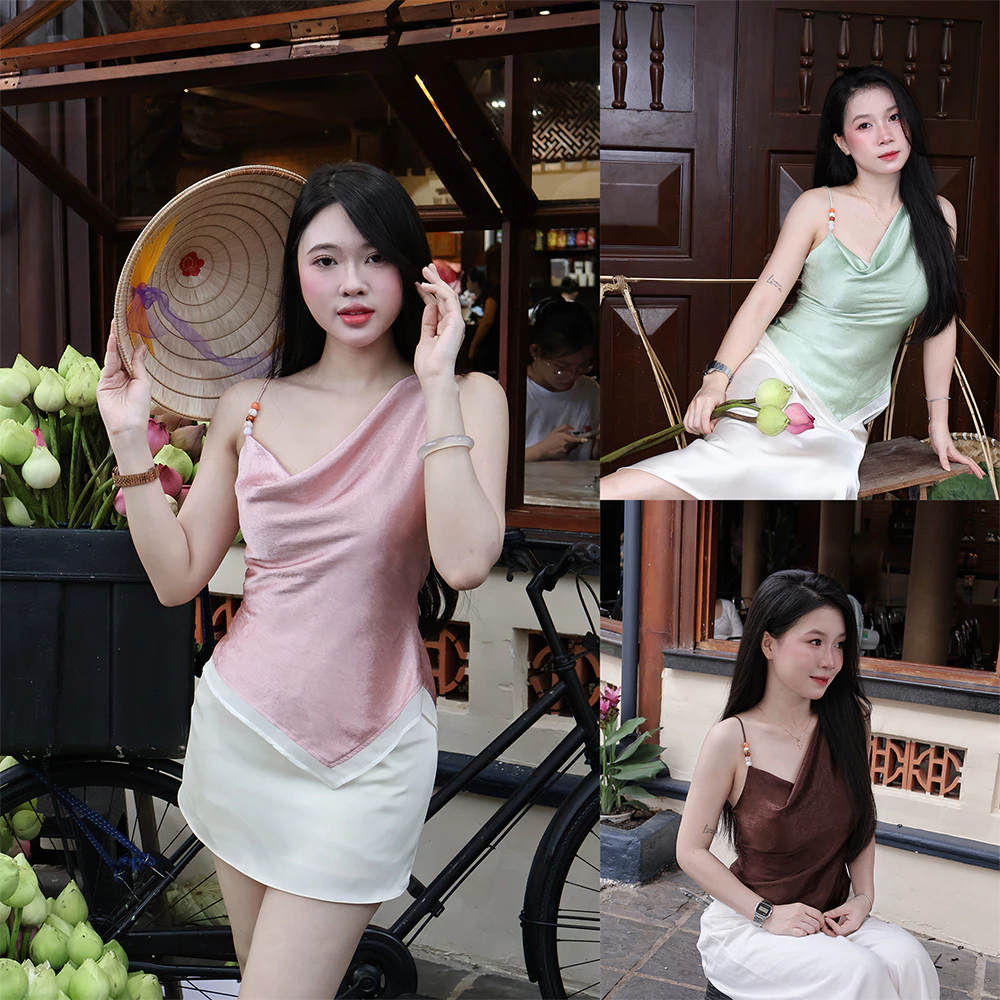 LYC FASHION - Áo Lụa Lệch Vai Phối Tơ