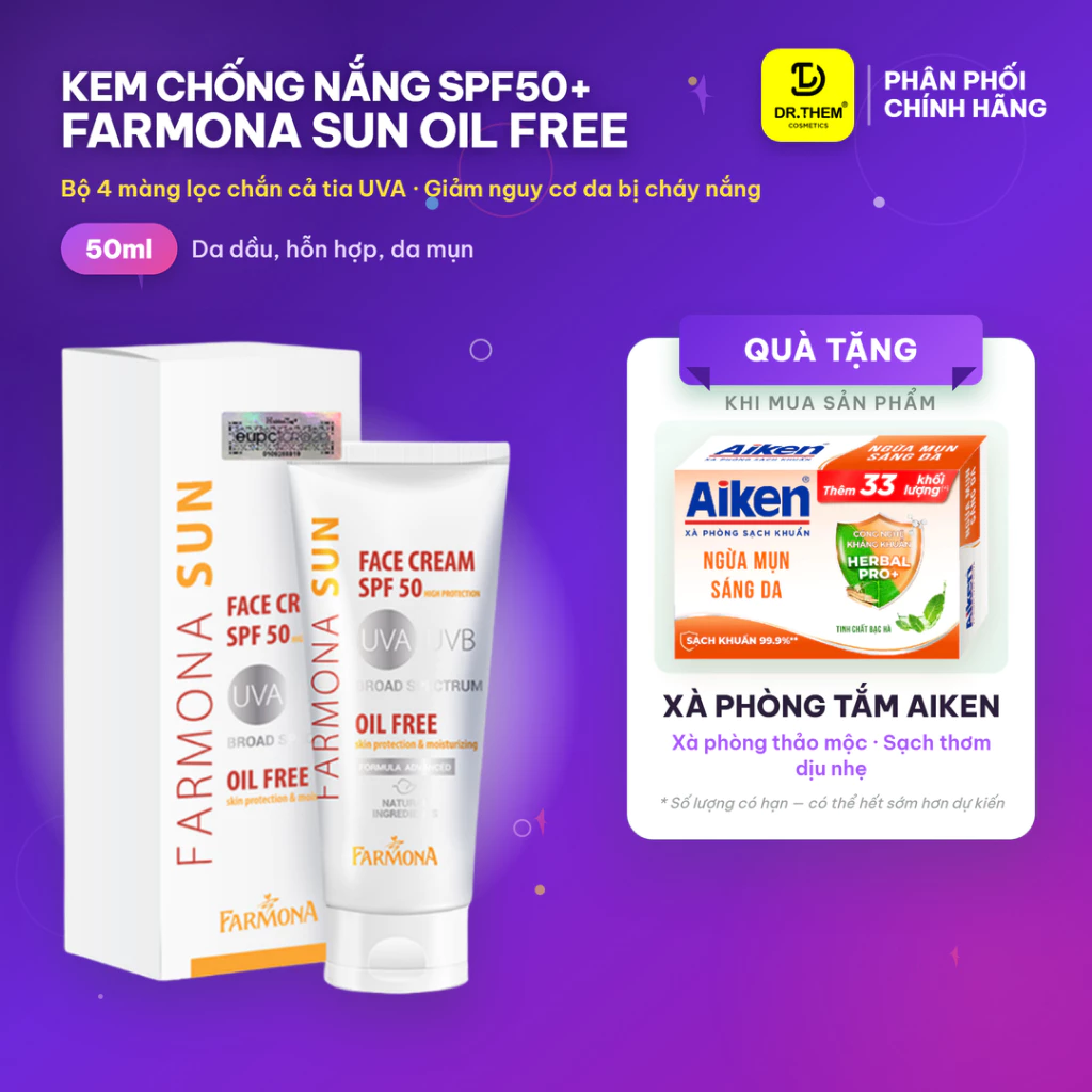 Kem Chống Nắng Farmona Sun Face Cream Oil Free Spf50 Cho Da Dầu Mụn 50ml, Không Chứa Dầu Cho Da Mặt spf 50- Dr Thêm