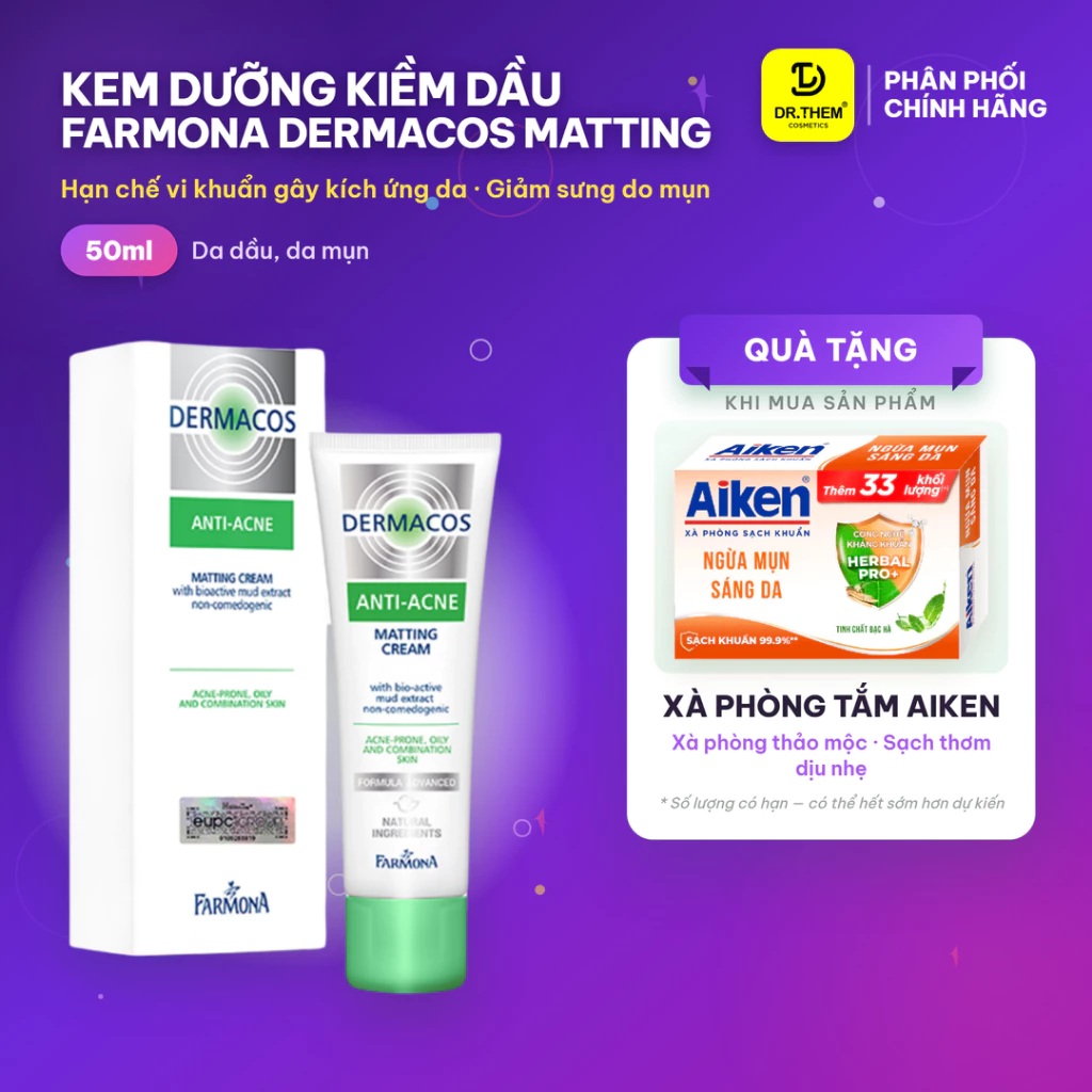Dermacos Kem Dưỡng Giảm Bóng Nhờn, Ngừa Mụn Farmona Dermacos Anti Acne Matting Cream 50ml - Dr Thêm
