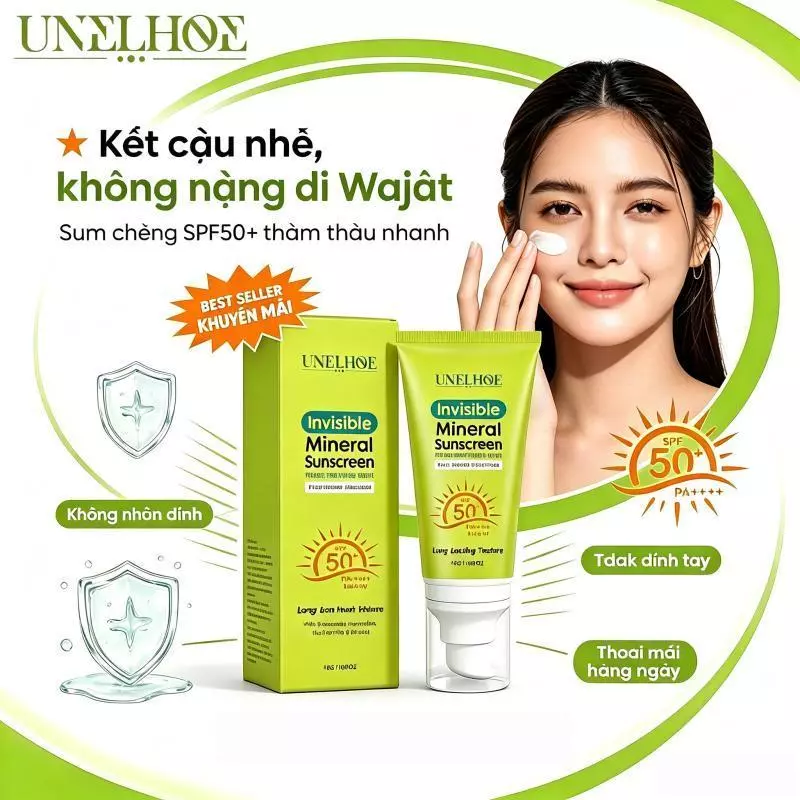 **Kem chống nắng khoáng UNELHOE SPF50+ PA++++ Không vệt trắng, thấm nhanh cho da mặt**