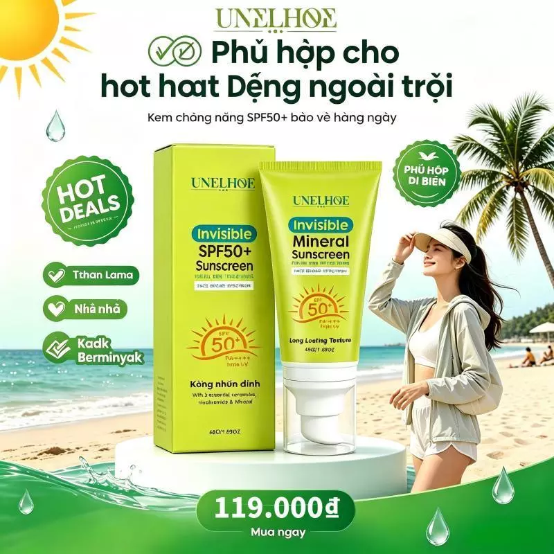 Kem chống nắng vật lý khoáng UNELHOE SPF50+ PA++++ Kiểm soát dầu, không dính rít phù hợp da nhạy cảm dùng hàng ngày