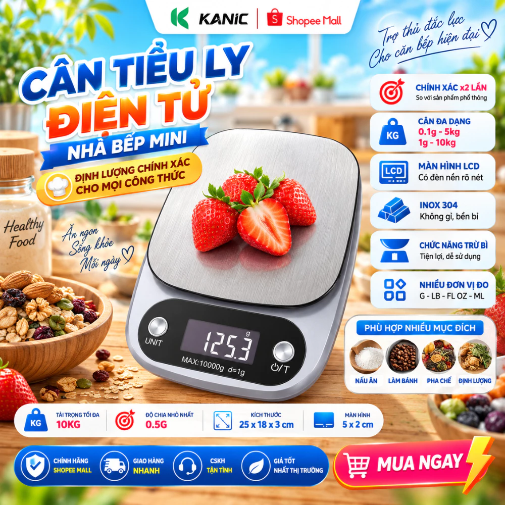 Cân Tiểu Ly Điện Tử Nhà Bếp 1g-10kg, 0,1g- 5kg Độ Chính Xác Cao, Chất Liệu Hợp Kim Thép Bền Bỉ Tặng Kèm 2 pin