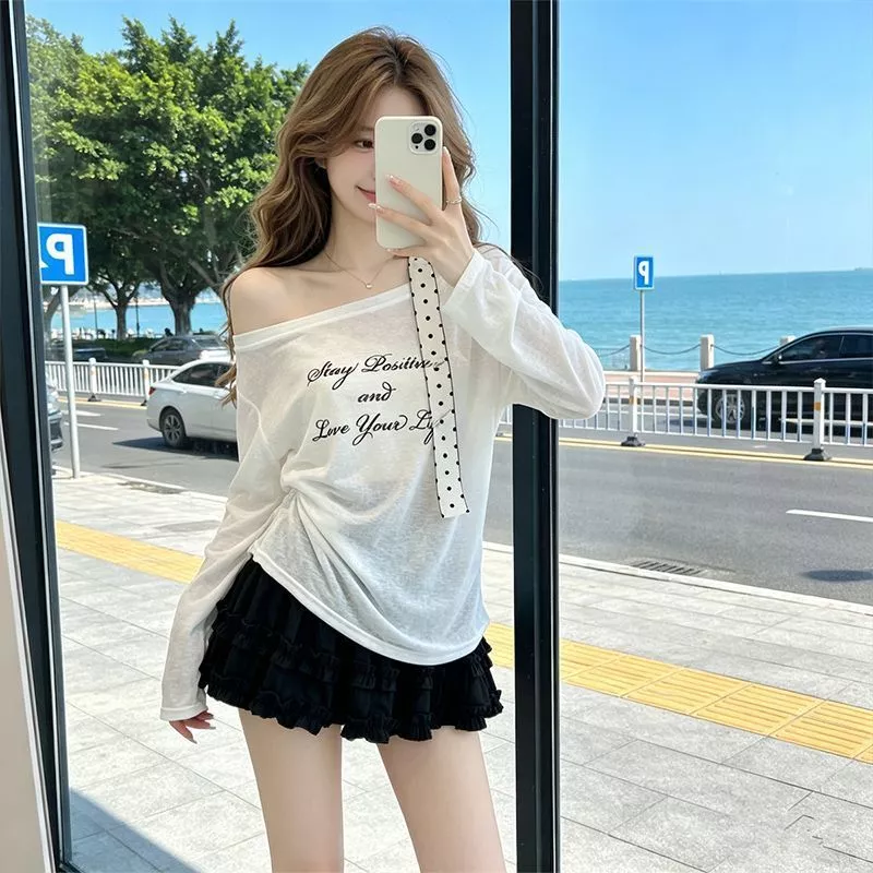 Áo Phông Giấy Nữ Lệch Vai Mỏng Nhẹ Co Giãn Cá Tính, Áo Thun Nữ Đẹp Dài Tay Form Oversize