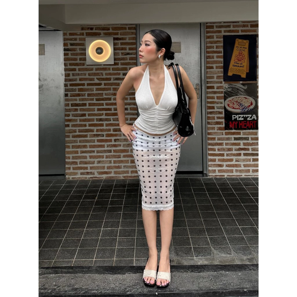 Chân Váy Midi TWENTI Sequin Chấm Bi Xuyên Thấu