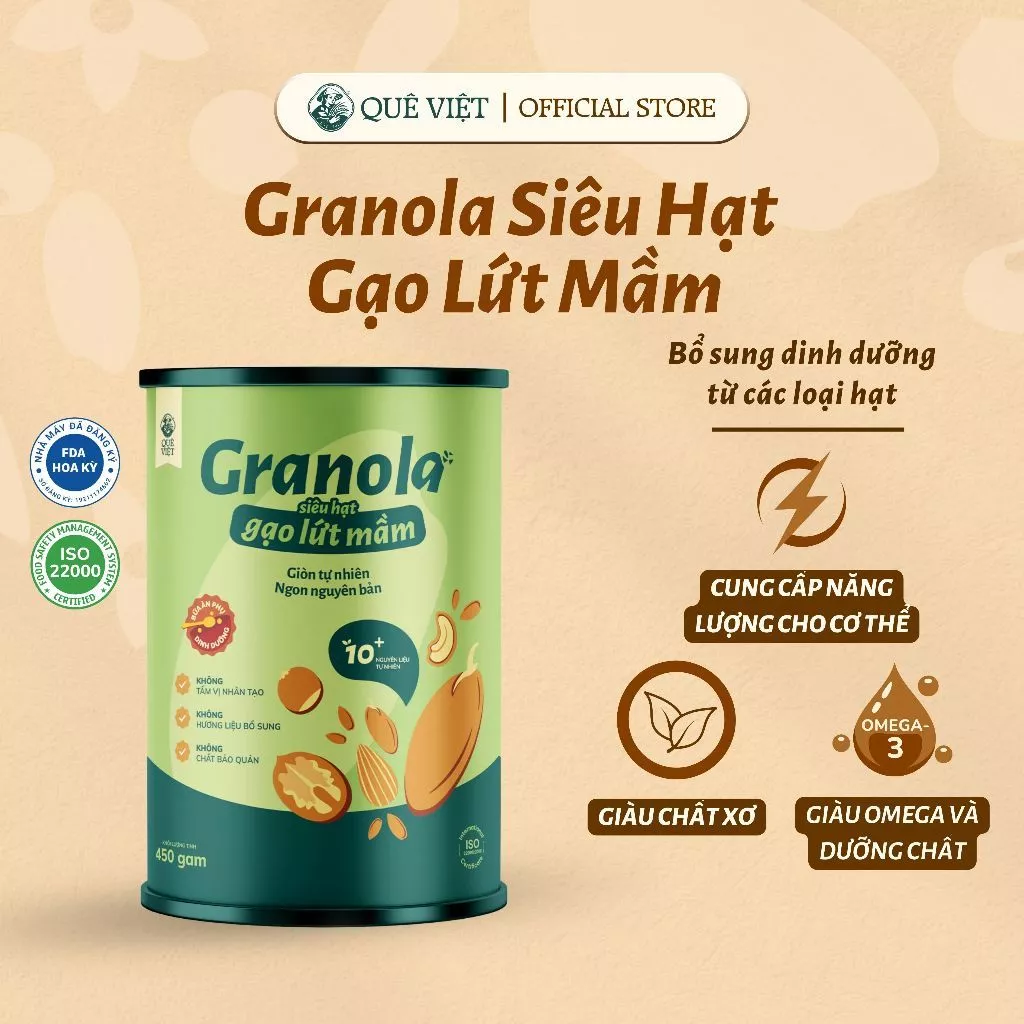 Granola siêu hạt gạo lứt mầm Quê Việt, nguyên liệu hữu cơ - 1 hộp 450g