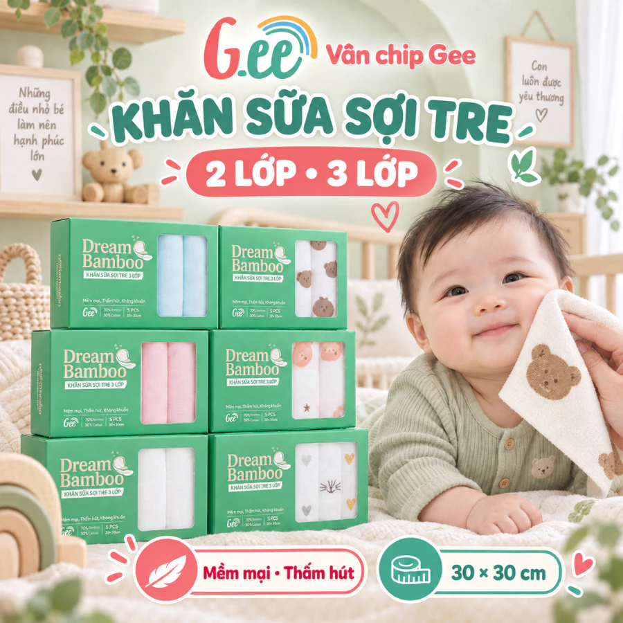 Sét 5 khăn sữa Gee 2 lớp. 3 lớp vải sợi tre mềm mướt, thấm hút, không bụi vải 30*30cm.