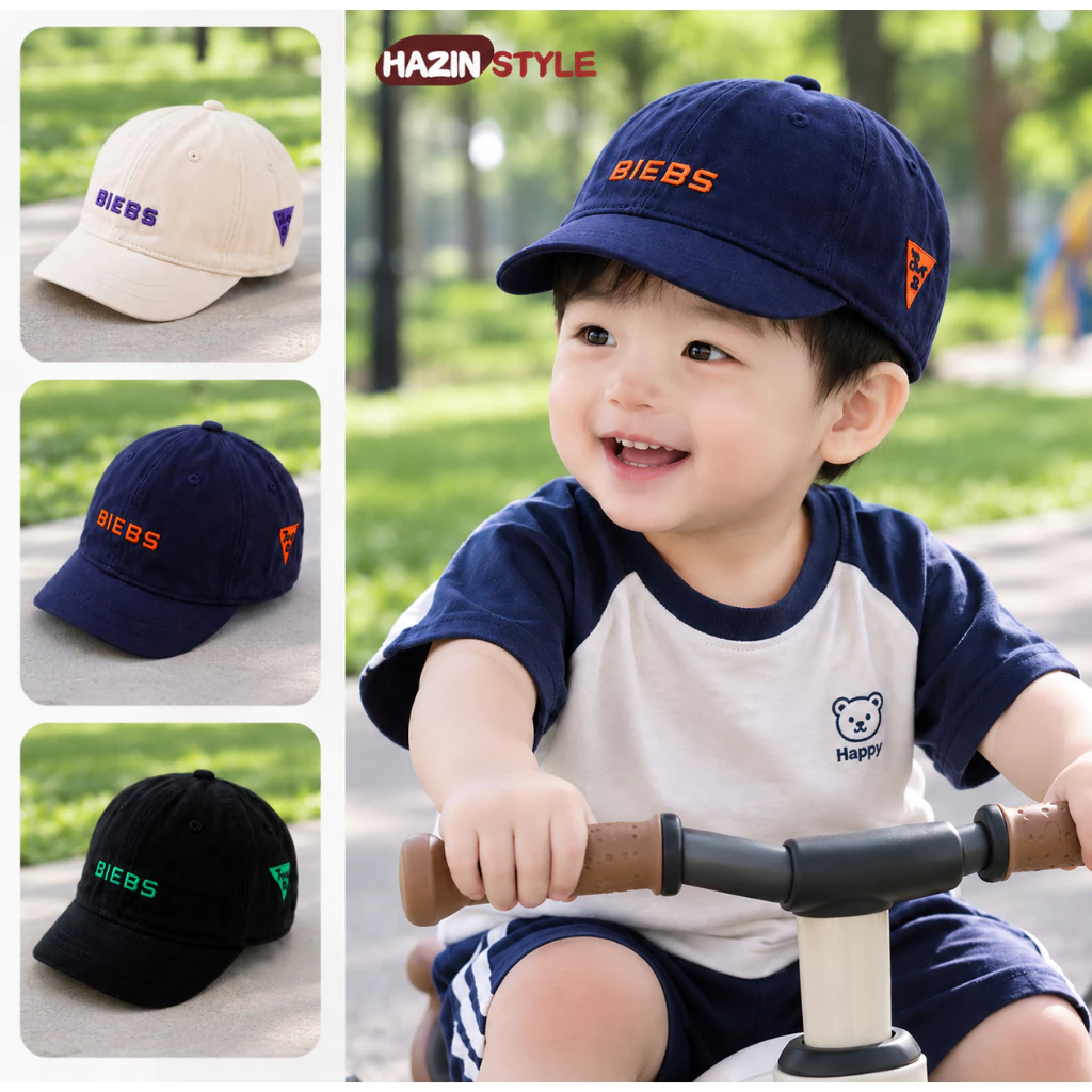 Mũ Lưỡi Trai Vành Ngắn Trẻ Em Thêu Chữ BIEBS Cho Bé 6 Tháng–3 Tuổi, Mũ Cotton Mềm Thêu Chữ Có Quai Điều Chỉnh