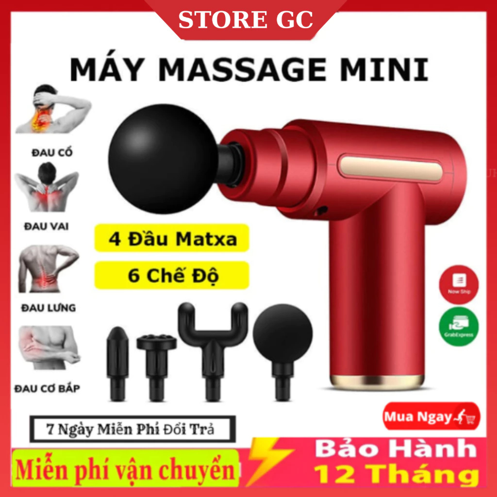 Máy Massager Cầm Tay Mini Đấm Lưng Mát Xa Trị Liệu Cổ Vai Gáy Có 4 Đầu Massa 6 Chế Độ Rung Sạc USB
