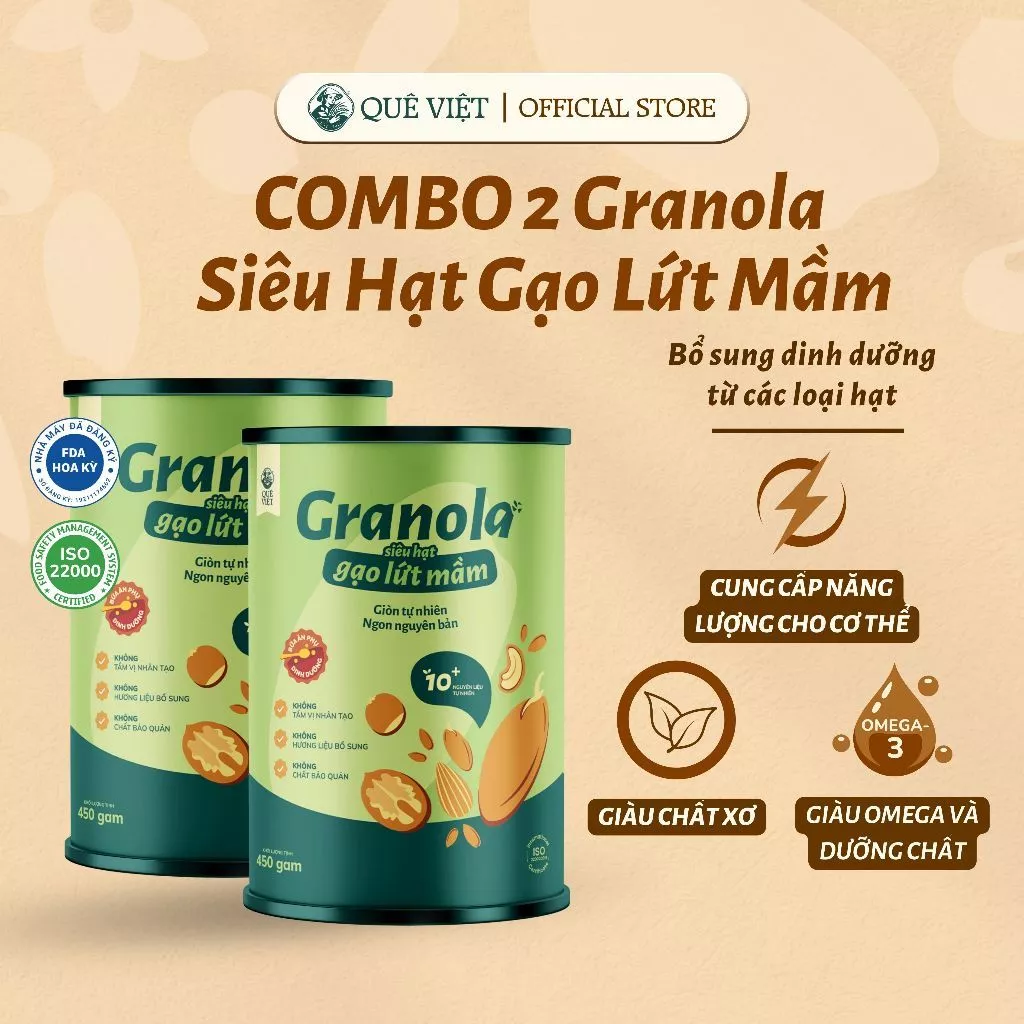 Combo 2 hộp Granola ngũ cốc siêu hạt gạo lứt mầm Quê Việt, nguyên liệu hữu cơ (450g/hộp)