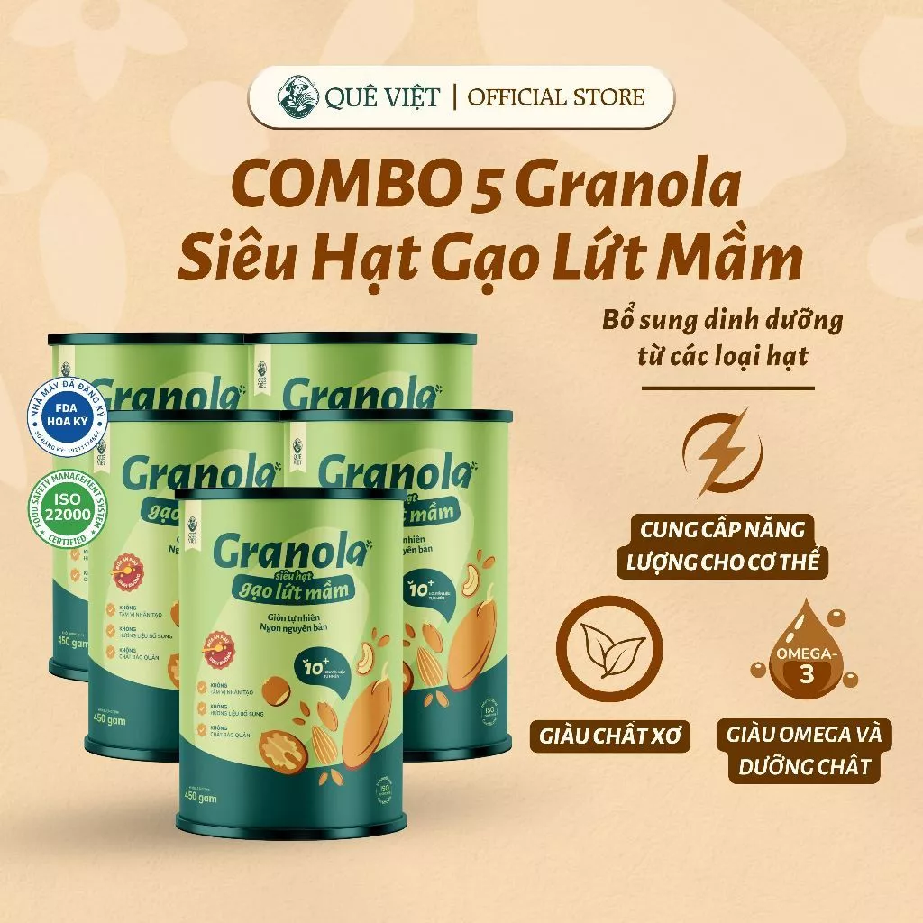 COMBO 5 hộp Granola siêu hạt gạo lứt mầm Quê Việt, 450g/hộp