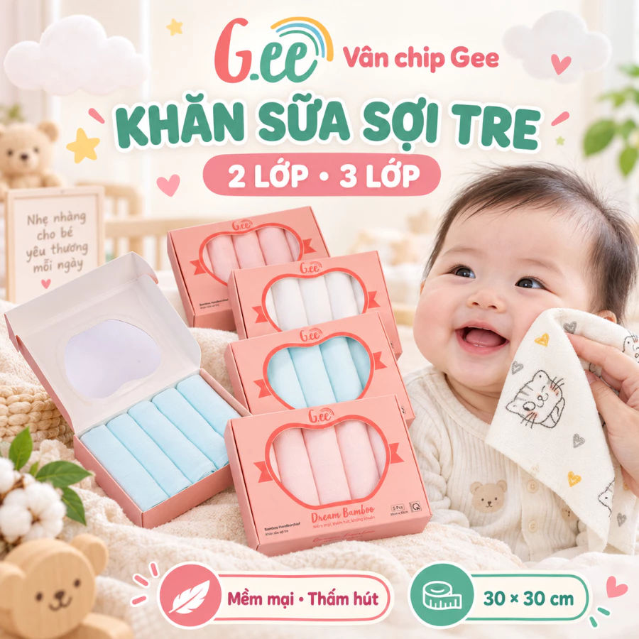 Set 5 khăn sữa Gee 2 lớp, 3 lớp vải sợi tre, khăn sữa cho bé sơ sinh kích thước 30*30cm