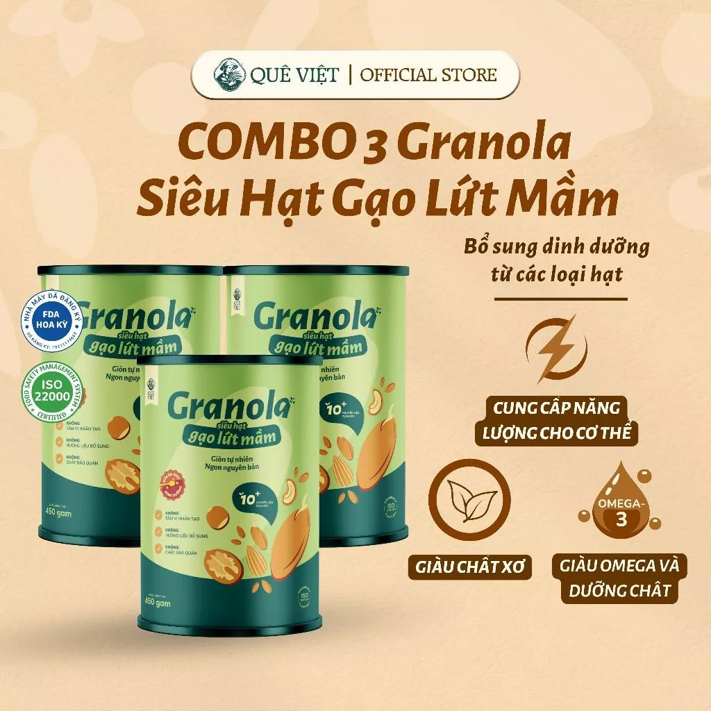 Combo 3 hộp Granola siêu hạt gạo lứt mầm Quê Việt (450g/hộp) Nguyên liệu hữu cơ
