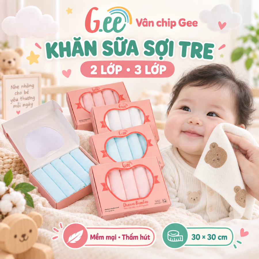 Sét 5 khăn sữa, khăn xô sợi tre muslin  Gee 2 lớp,3 lớp (30x30cm), khăn sữa cho bé sơ sinh