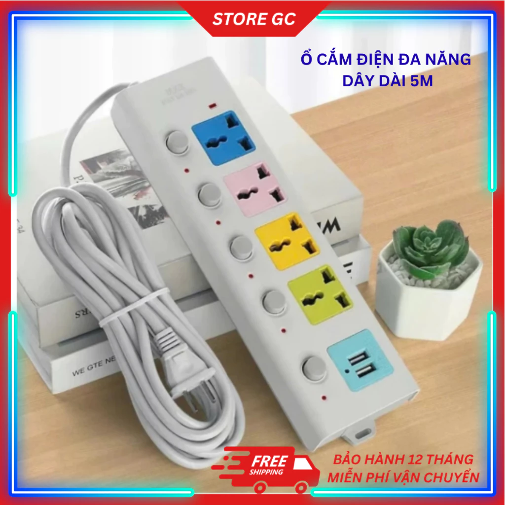 Ổ Cắm Điện Đa Năng Chống Giật 4 Cổng Cắm Công Suất 2500W 2 Cổng USB Dây Điện 3 Lõi Đồng 0.7mm Dài 5m