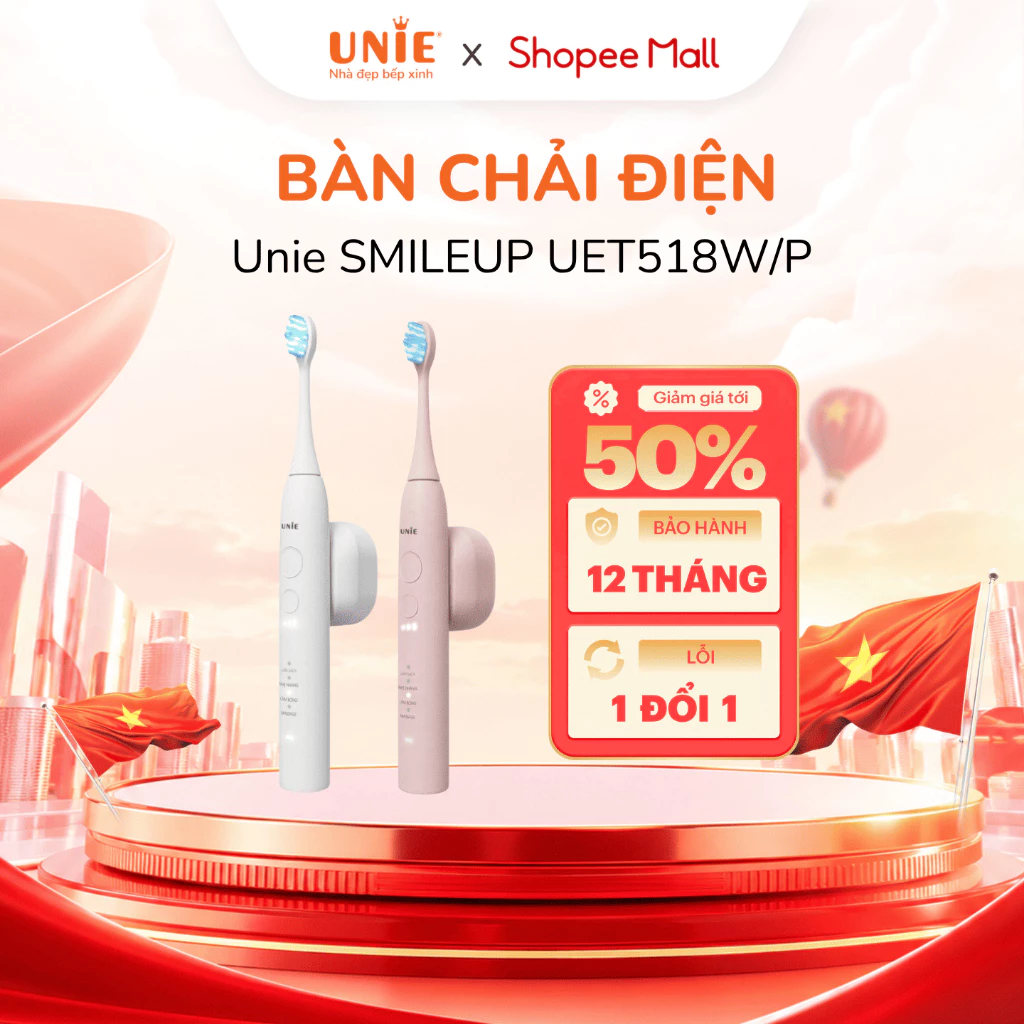 Bàn chải điện UNIE SMILEUP UET518 đầu bàn chải dao động, LED trắng răng, chống nước IPX7
