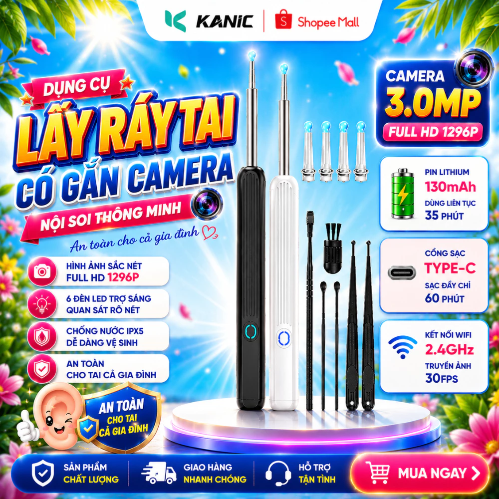 Bộ Dụng Cụ Lấy Ráy Tai KANIC Có Gắn Camera Nội Soi Đa Năng Hình Ảnh Full HD 1296P Sắc Nét Pin Sạc Bảo Hành 12 Tháng
