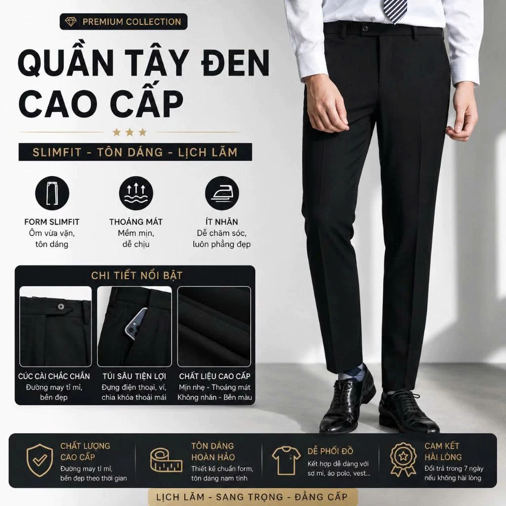 Quần Tây Nam Đen Vải Cotton Cao Cấp Form SlimFit Ôm Vừa Phải, Tôn Dáng, Công Sở