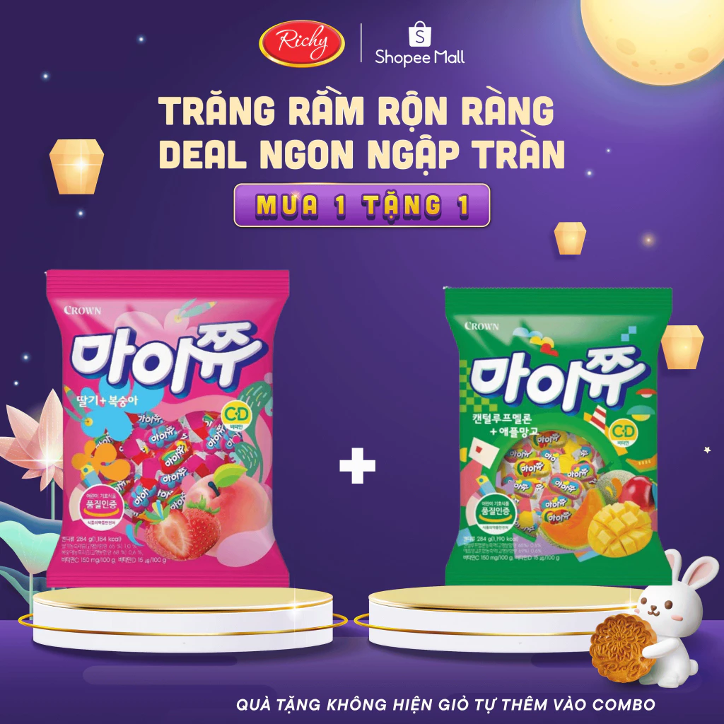 [MUA 1 TẶNG 1 Vị Ngẫu Nhiên - HSD:T10/2026] Kẹo Crown Hoa Quả Túi 284g Nhập Khẩu Hàn Quốc Vị Dâu Đào, Vải Đào, Xoài Dưa