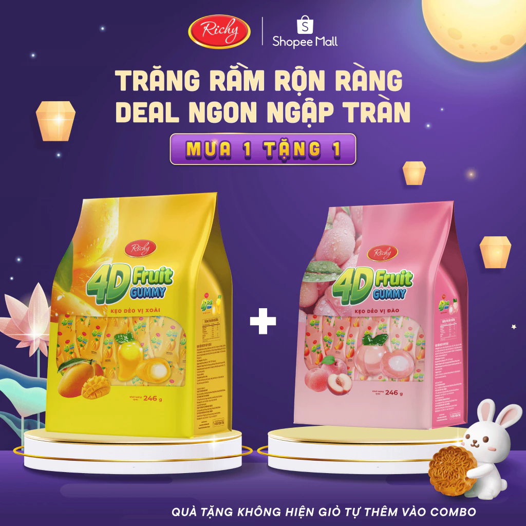[MUA 1 TẶNG 1]Kẹo Dẻo Richy 4D Fruit Gummies 246g Sốt Trái Cây Tươi Vị Đào/ Xoài Ngọt Ngào Date t11/2026