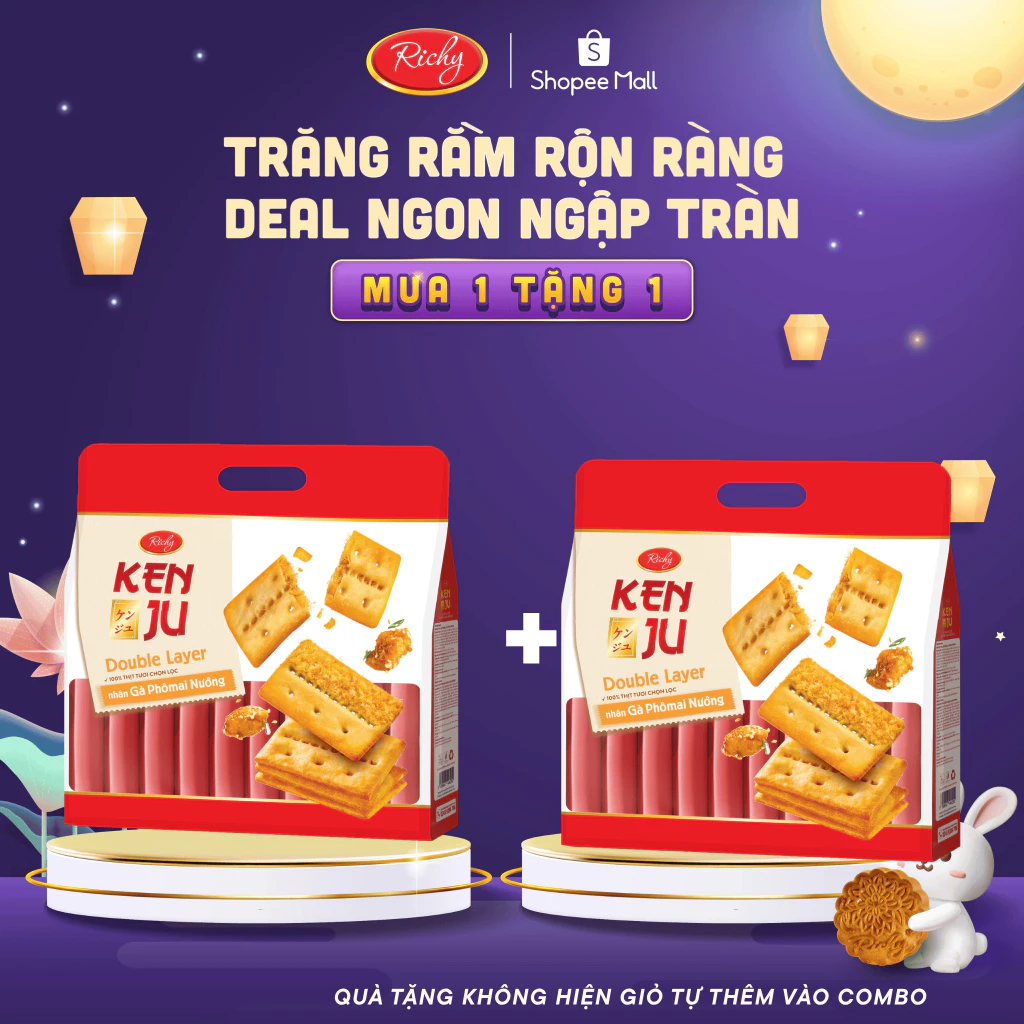 [MUA 1 TẶNG 1 - HSD: 12/2026] Bánh Richy Kenju 2 Lớp Vị Gà Phô Mai Nướng Thơm Giòn Bánh Ăn Vặt Mới Ra Mắt Túi 216g