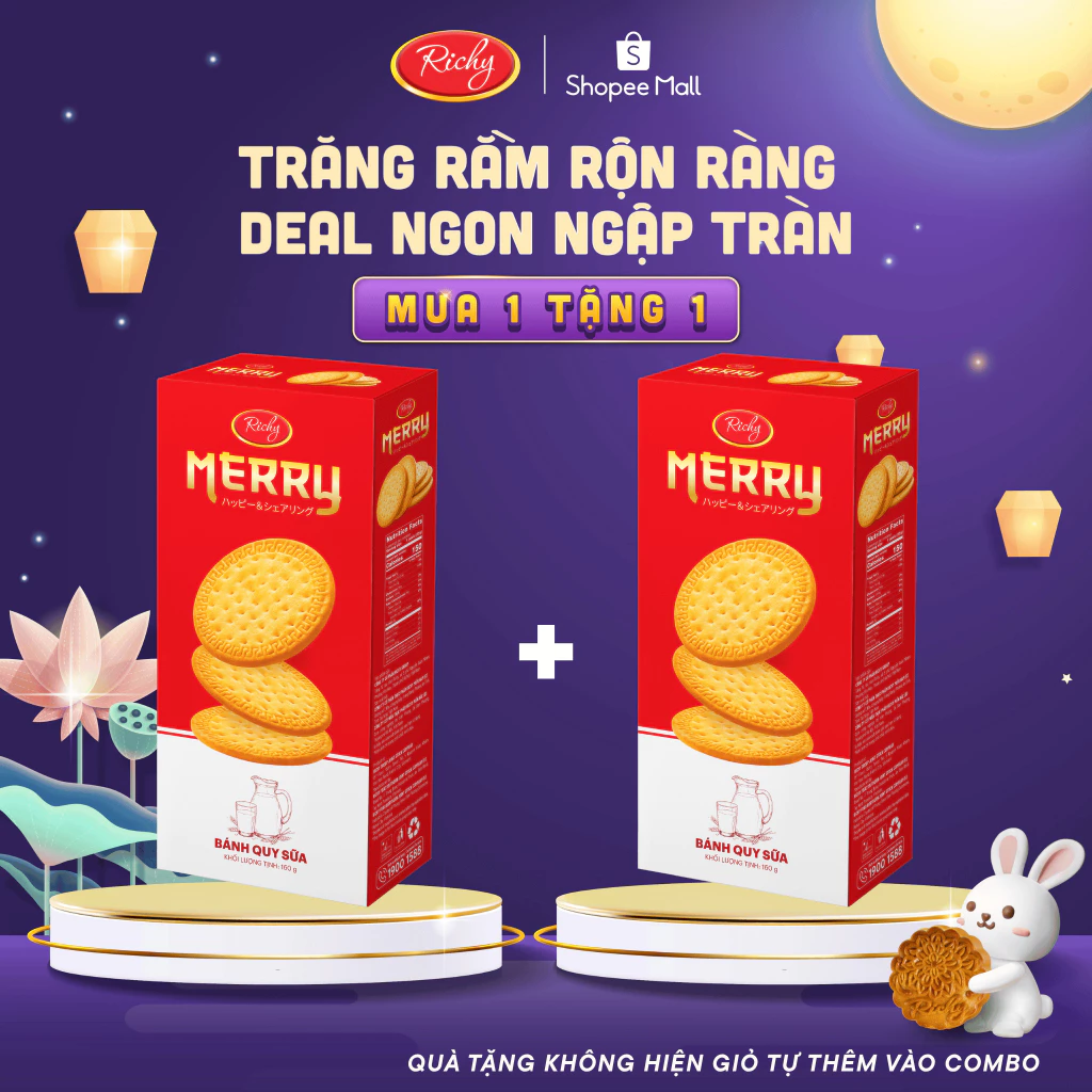 [ MUA 1 TẶNG 1, MUA 2 TẶNG 2,..] Bánh Merry quy sữa 160g, date t12/2026,bánh kẹo Richy