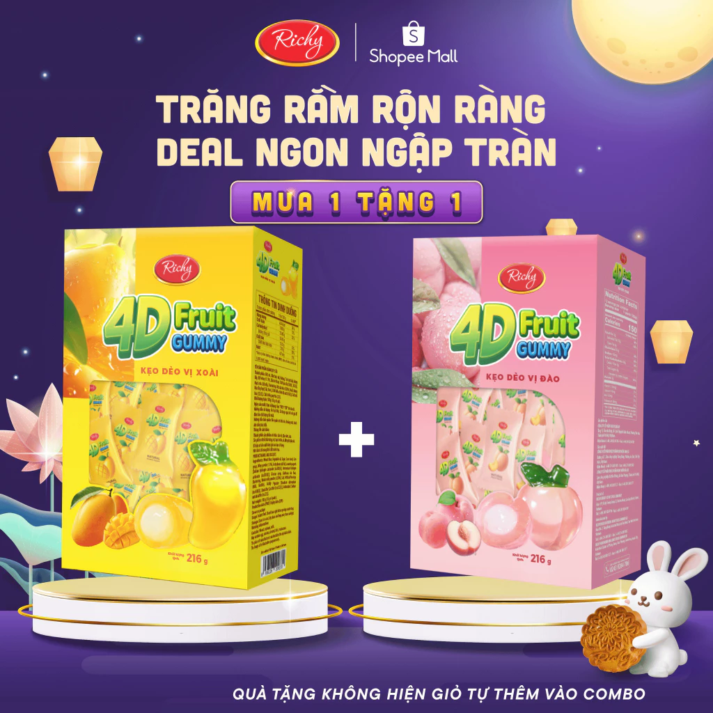 [MUA 1 TẶNG 1]Kẹo Dẻo Richy 4D Fruit Gummies 216g Sốt Trái Cây Tươi Vị Đào/ Xoài Ngọt Ngào