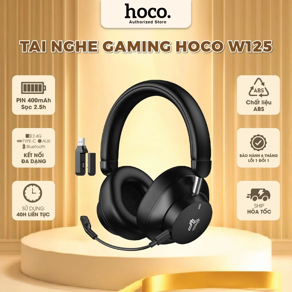 Tai Nghe Gaming Hoco W125 Kết Nối 2.4G Độ Trễ Thấp, Bluetooth, Mic Đa Hướng Tháo Rời, Âm Thanh Chuyên Nghiệp, Type-C