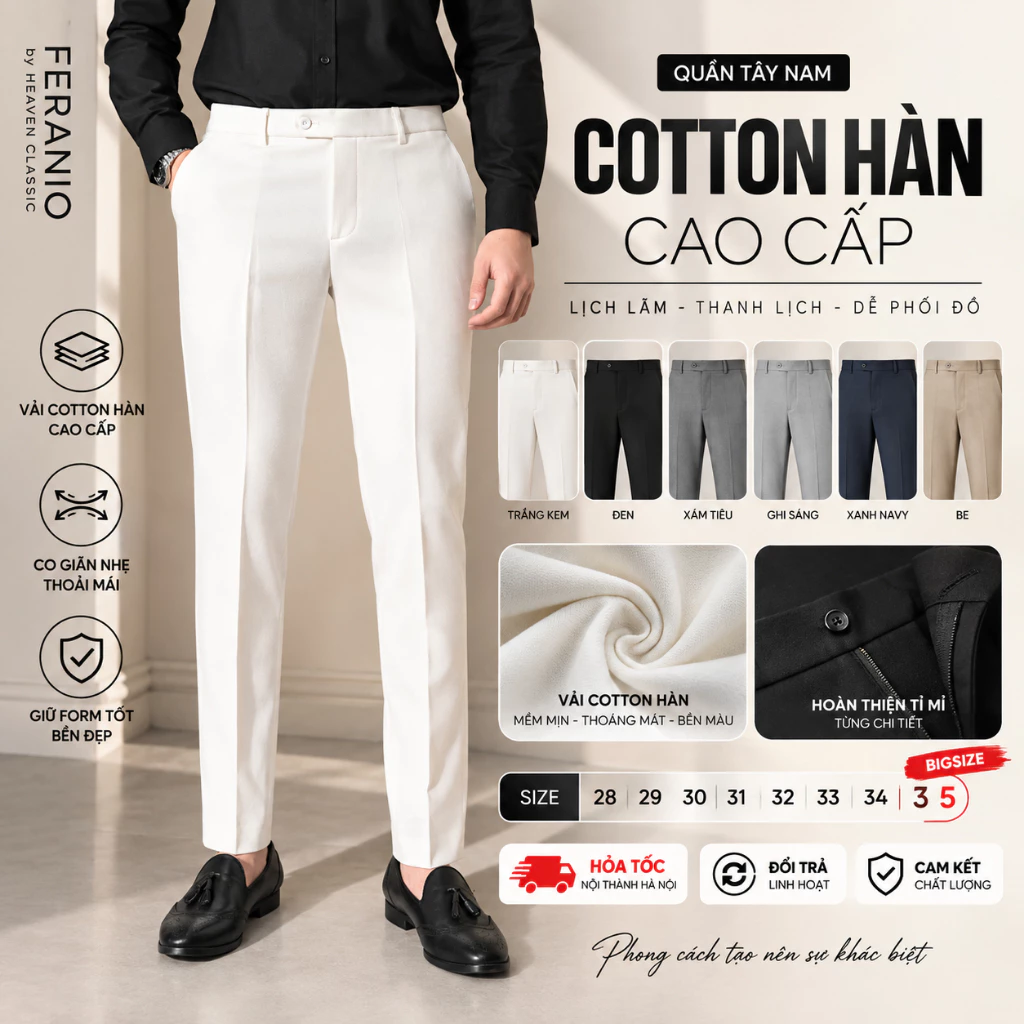 Quần Tây Nam Công Sở Cao Cấp Heaven Classic- Form Ôm Lưng Cao, Co Giãn Nhẹ, Vải Đứng Form, Nhiều Màu